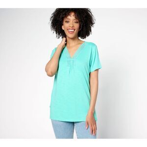 Fashion Women's Top Sz XL Slub Knit Dot Trim Blue A691753